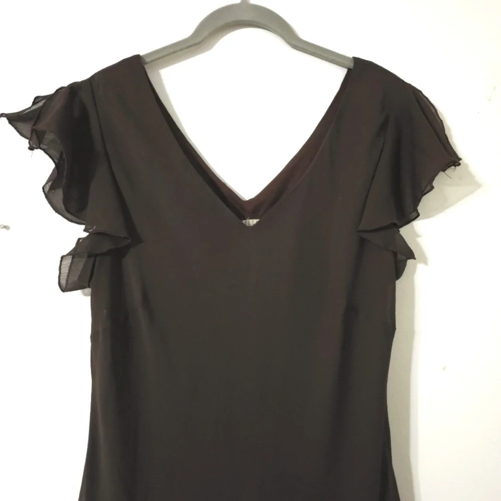 EN FOCUS Chocolate Brown Chiffon Y2k Midi Dress, Handkerchief Hem, Lined, 14 - Picture 4 of 14